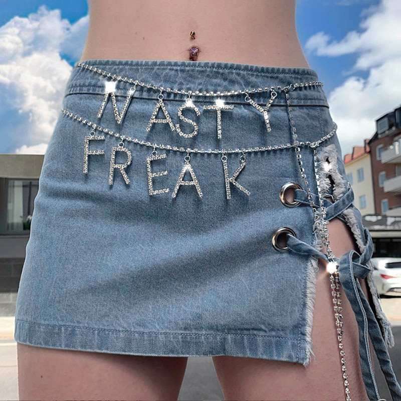

2020 personality high split fork lace up high waist sexy nightclub stage primary color denim mini skirt, Blue