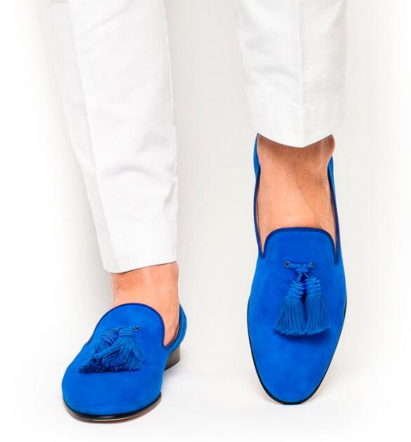 

Royal Blue Suede Men Shoes Tassel Loafers Slip On Smoking Flats Men's dress Shoes, Black