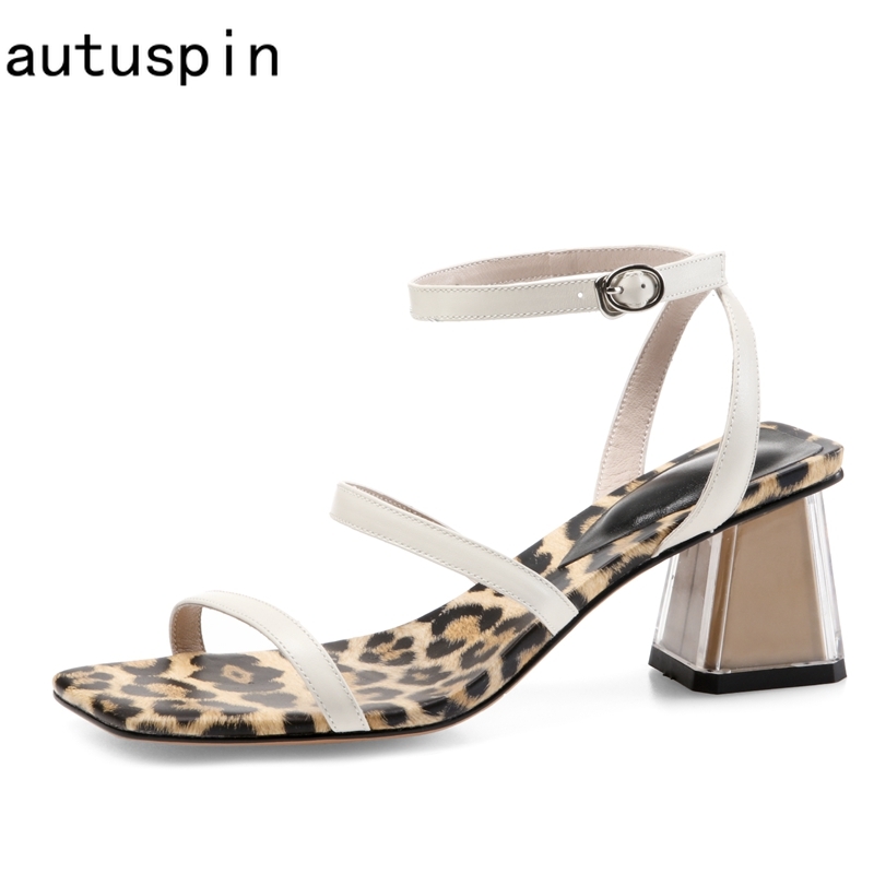 

Autuspin 2020 Summer Genuine Leather Leopard Sandals Casual High Heels Pumps Ladies Party Wedding Prom Shoes White Thick Heels