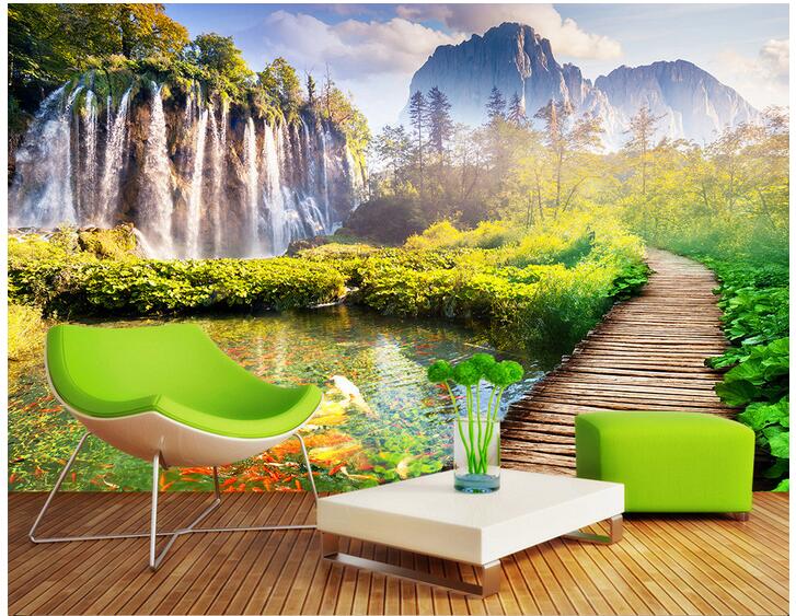 

WDBH 3d wallpaper custom photo Mountain waterfall bridge scenery background living room home decor 3d wall murals wallpaper for walls 3 d, Non-woven