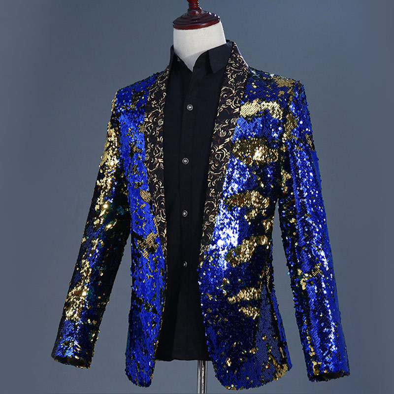 

XIU LUO XXL Sequins Glitter Blazer Jackets Men Stage Prom Dance Party Black Silver Paillette Suits Homme Singer DJ Costumes 2019, Blue and guld