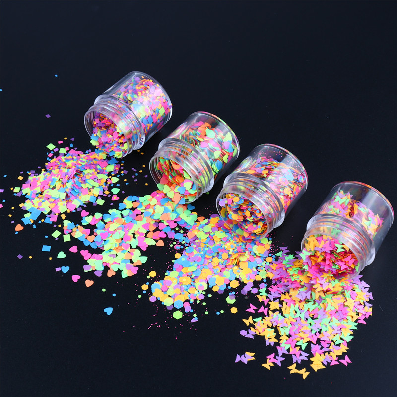 

Hexagon Butterfly Nail Art Glitter Sequins Fluorescent Mixed Shape Glow in the Dark Glitter Love Heart Shape Flake Manicure Tips