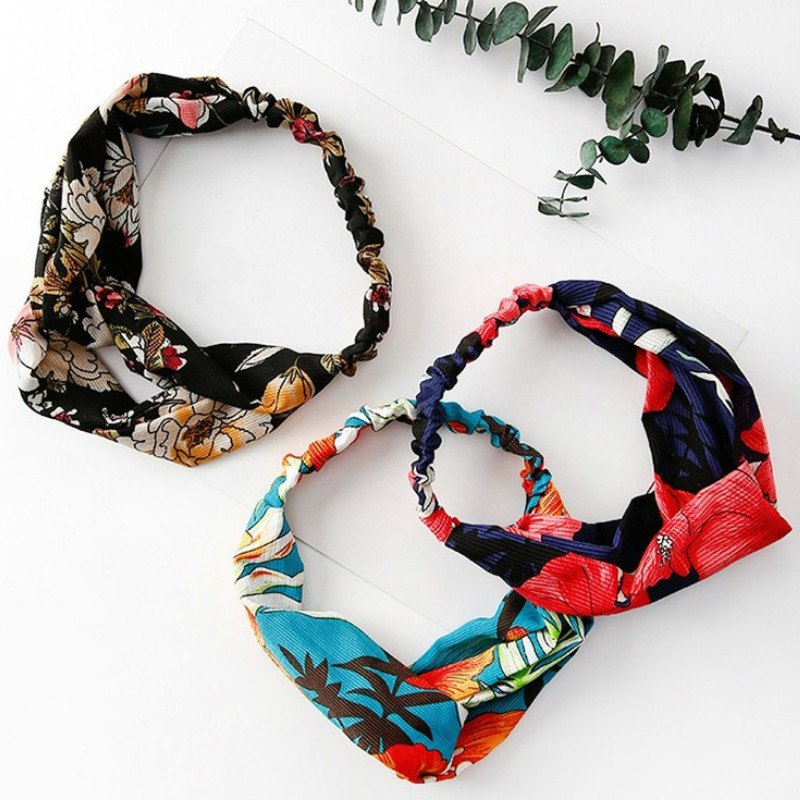 

Resort Style Women Hair Accessories Fashion Headband Fabric Cross Knotted Bow Chiffon Floral Hair Band Headdress Ladies Hoop