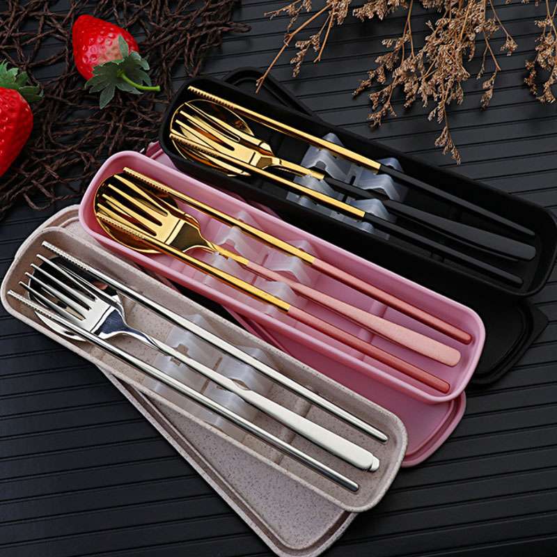 

3pcs/set Non-slip Colorful 304 Stainless Steel Chopsticks Fork Spoon Cutlery Sets portable Dinnerware Wedding Gift Free Shipping