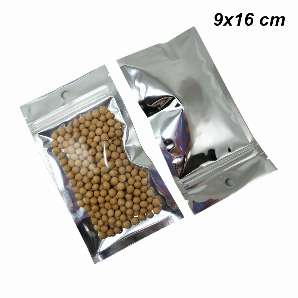 

9x16cm 100pcs Clear / Silver Aluminum Foil Resealable Food Storage Bag with Hang Hole Mylar Foil Plastic Packaging Bags Foil Food Nuts Pouch