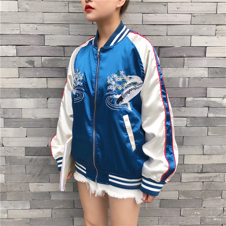 

Autumn satin embroidery bomber jacket coat winter jacket women Casual fish thin baseball jacket streetwear sukajan, Blue