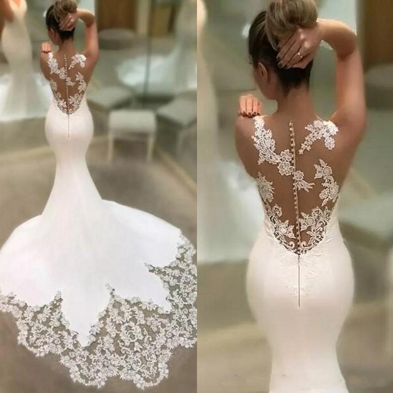 

Gorgeous Sexy Illusion Back Lace Appliqued Mermaid Weddng Dresses Modest V Neck Chiffon Trumpet Train Bridal Gowns Custom Made, Pink