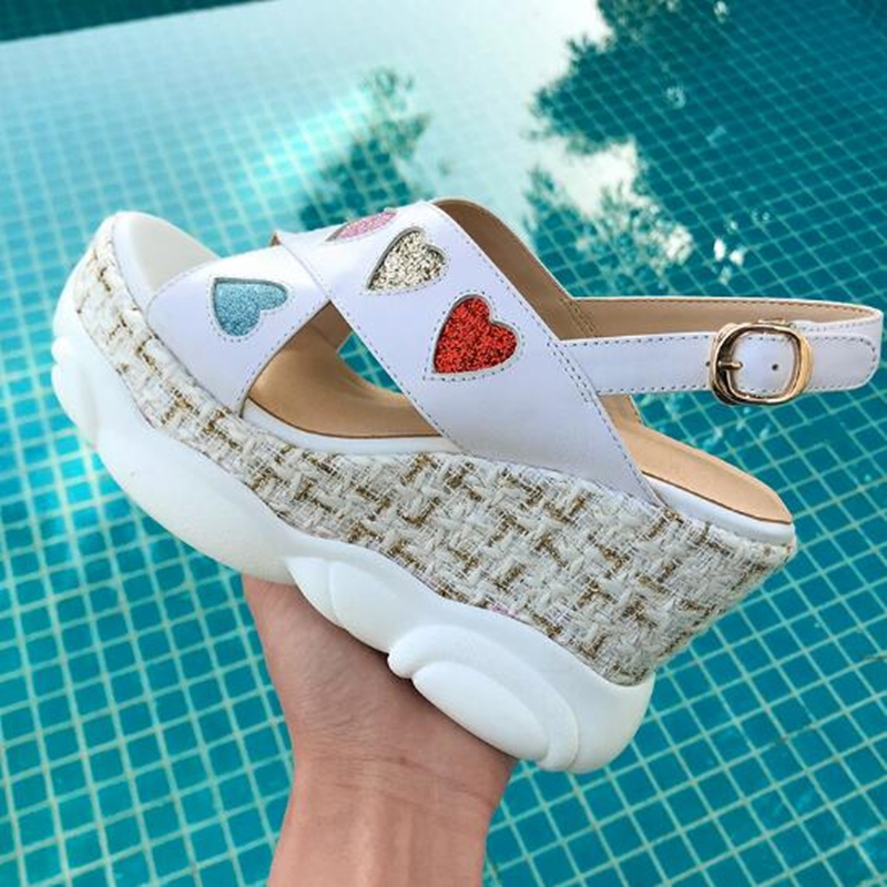 

2020 wedges Muffin Heel Sandals Slingback Casual Sequined Open Toe Shoes Cut Out Ankle Buckle Platform Sandals Shoes, As picture