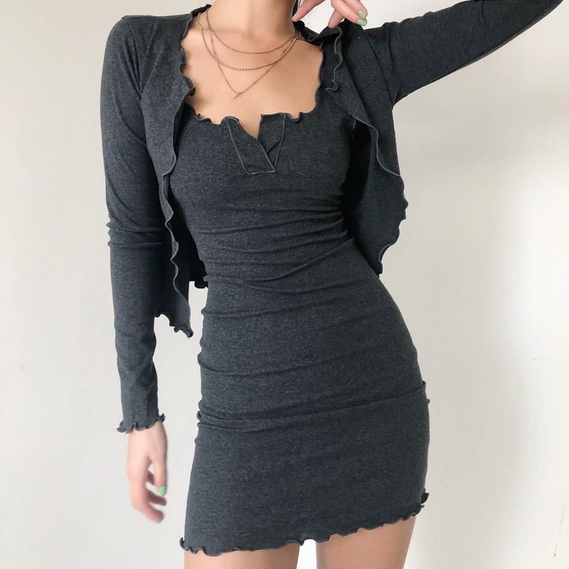 

Women Frill Trimming Tank Mini Dress Frill Trimmed Open Stitch Top Two Pieces Dress Ruffles Solid V-Neck Bodycon, Gray