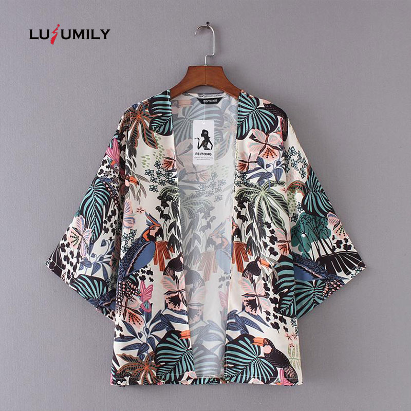 

Lusumily 2019 Plus Size 2XL Summer Sunproof Chiffon kimono Cardigan Print Women Floral Chiffon Beach Cardigan Camisa Mujer, As the photo