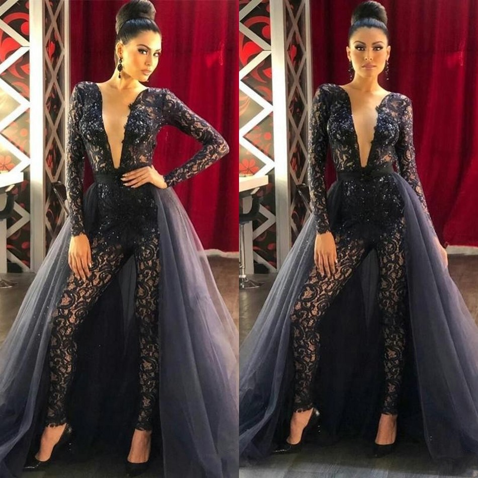 

2020 Navy Blue Women Jumpsuits Prom Dresses with Detachable Train Lace Long Sleeve Sequined Evening Gowns Deep V Neck Sexy robes de soirée, Purple