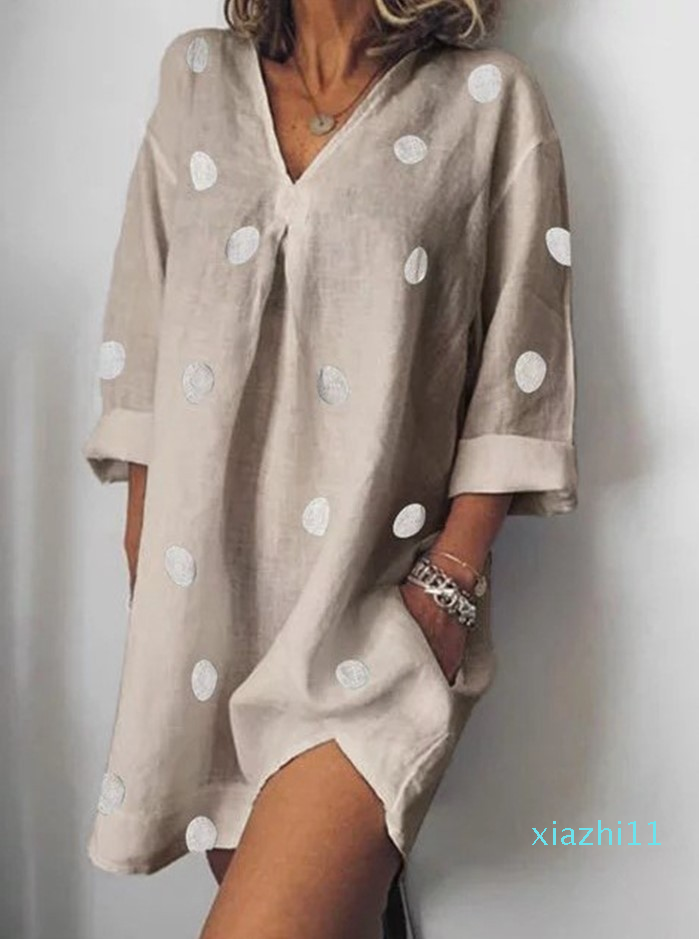 Fashion Designer Dress Womens Summer V-Neck Dresses Casual Polka Dot Loose Split Dress Fashion Female Apparel
