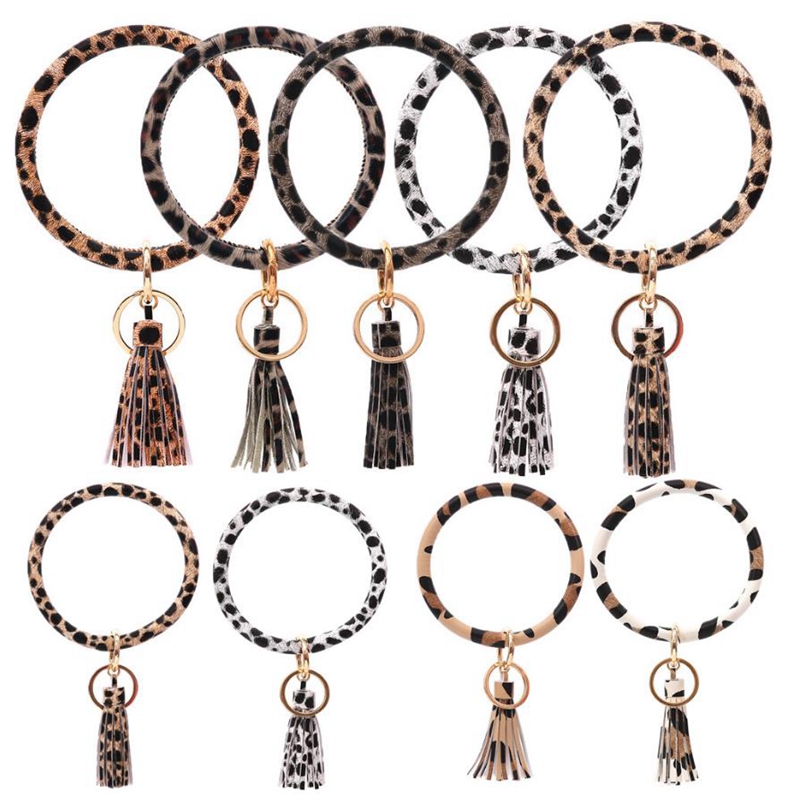 

Leopard Bracelet Keyring Tassel PU Bangle Key Chain Wristlet Key Holder Fashion Women Girls Jewelry Christmas Gift 11 Designs DW4912, As picture