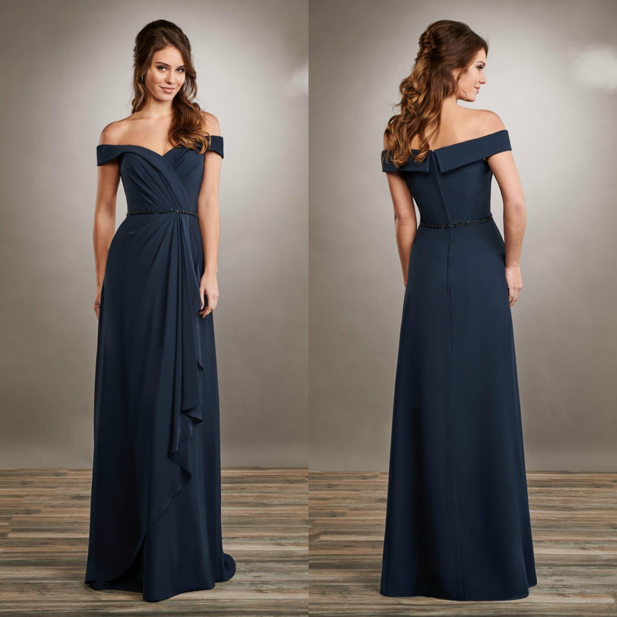 

2020 Elegant Mother of the Bride Dresses Dark Blue Off Shoulder Lace Chiffon Evening Gowns Floor Length Plus Size Wedding Guest Dress