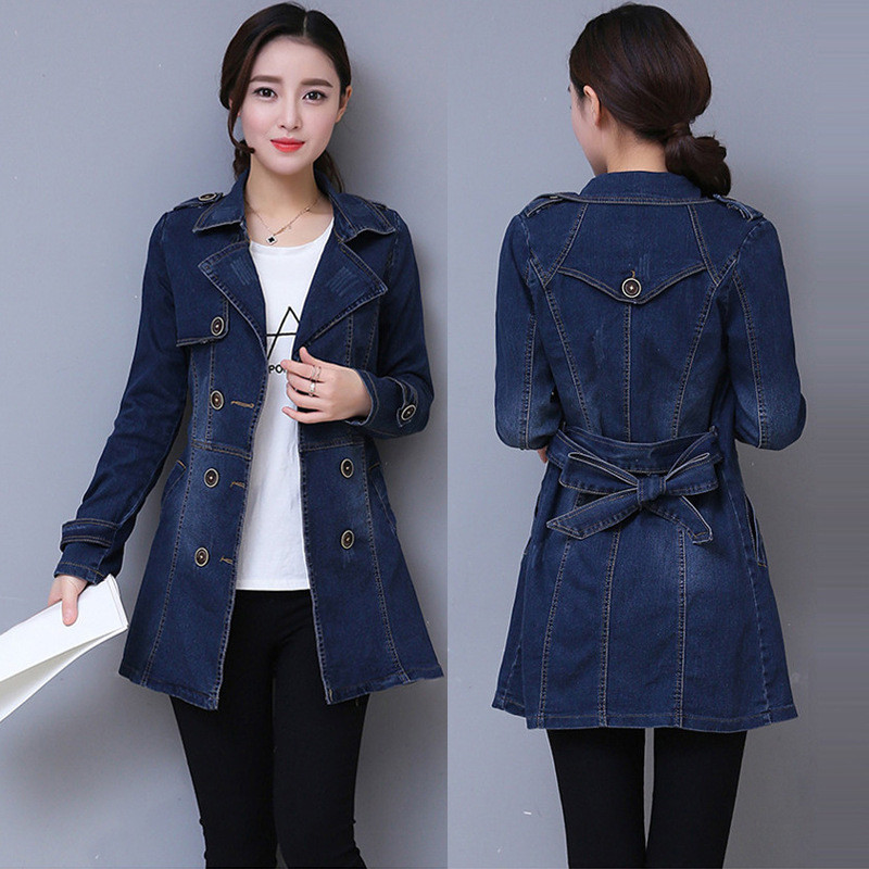 

2020 Autumn Denim Jacket Coat Women Double-breasted Full Sleeves Vintage Windbreaker Female Long Jean Jacket Outerwear Tops R640, Denim blue