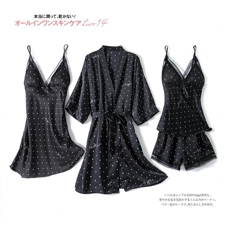 

Black Print Sleepwear Women 4PCS Nightgown Pajamas Set Satin Sexy Nightwear Intimate Lingerie Pyjamas Silky Kimono Bathrobe Gown