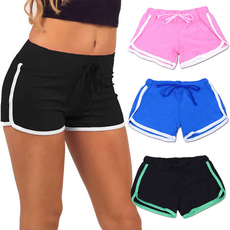 

2020 New Women' Cotton Gym Shorts Summer Elastic Waist Fitness Running Shorts Sport Breathable Beach Egde Slim Workout Clothes, Blue