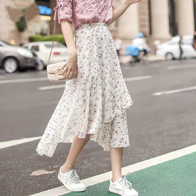 

Bohemian ruffled high waist chiffon women skirt Summer Thin Floral print skirt Beach pleated Female Party Club midi, White