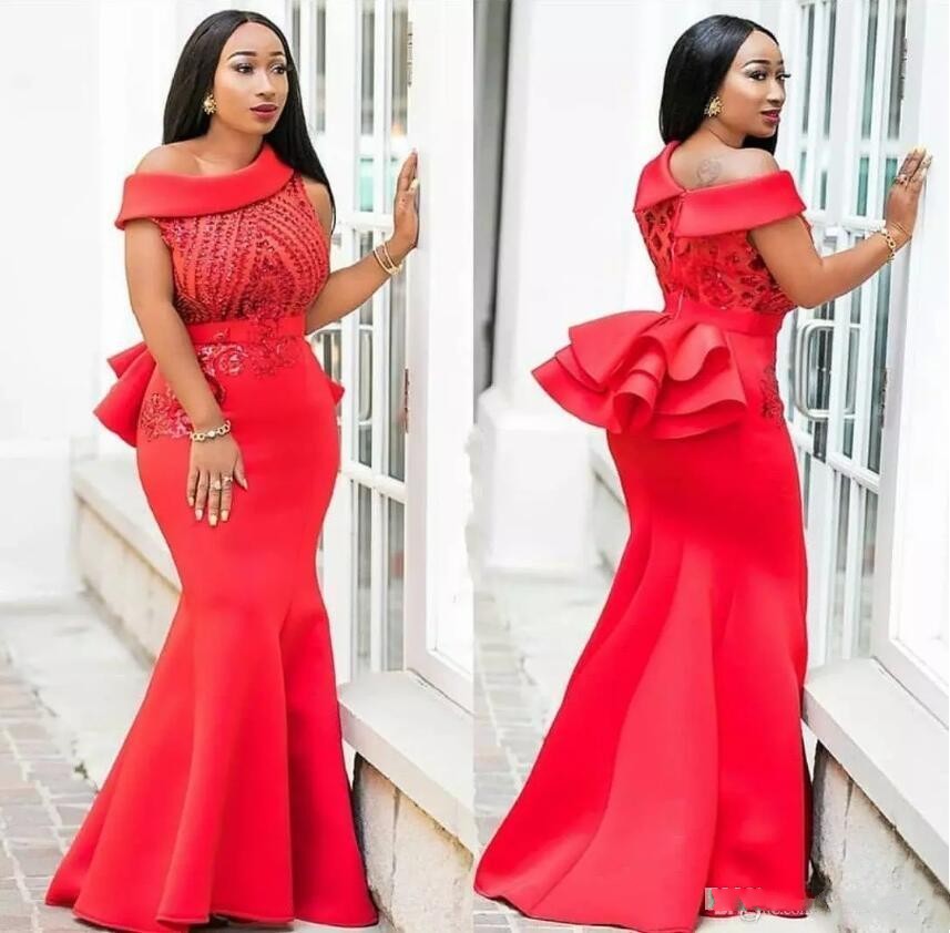 

Attractive Red Mermaid Arabic Evening Dresses Bateau Neck Sequined Beaded Evening Gowns Satin Floor Length Appliqued Formal Prom Dress, Gold