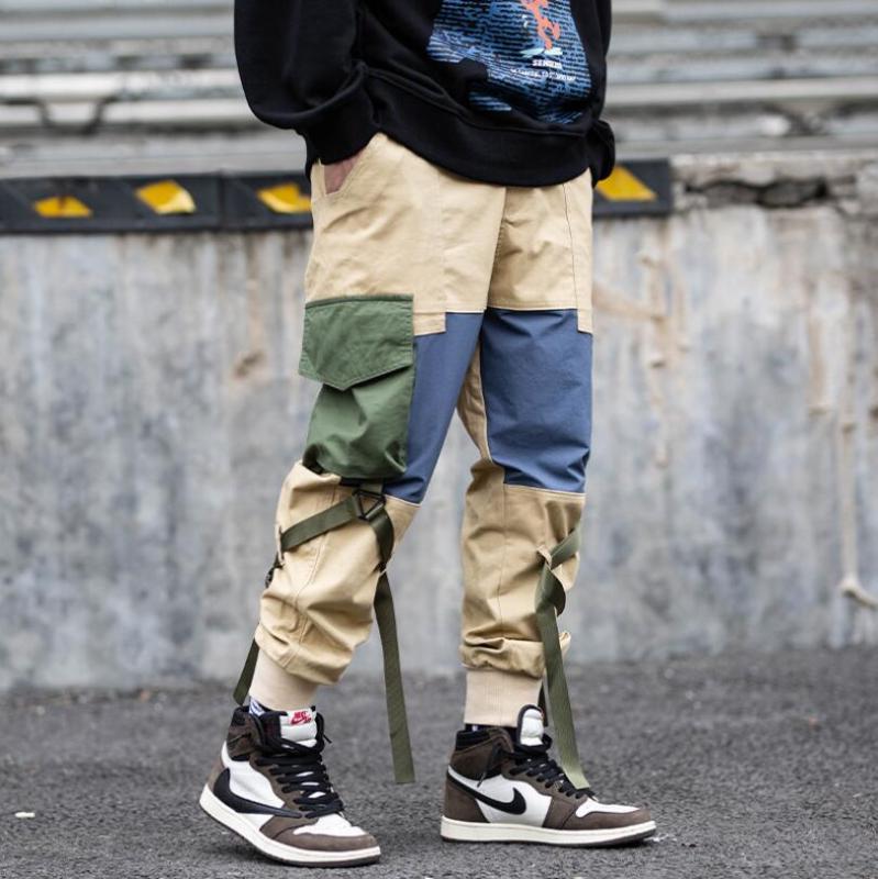 

2020 Men Elastic Waist Harem Pant Hip Hop Streetwear Ribbons Tactical Trousers Joggers Male Jogger Cargo Pants Black w852, Khaki
