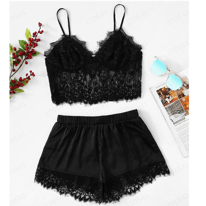 

Women' Sleepwear Sexy Satin Set Black Lace V-Neck Pyjamas Sleeveless Cute Cami Top and Shorts