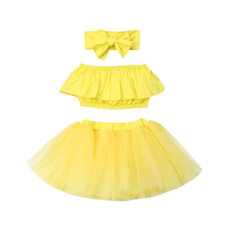 

Summer Cute Newborn Baby Girl Clothes Solid Off-Shoulder Crop Tops+Tulle Lace Skirt +Headband 3pcs Outfit Summer Dress set, Yellow