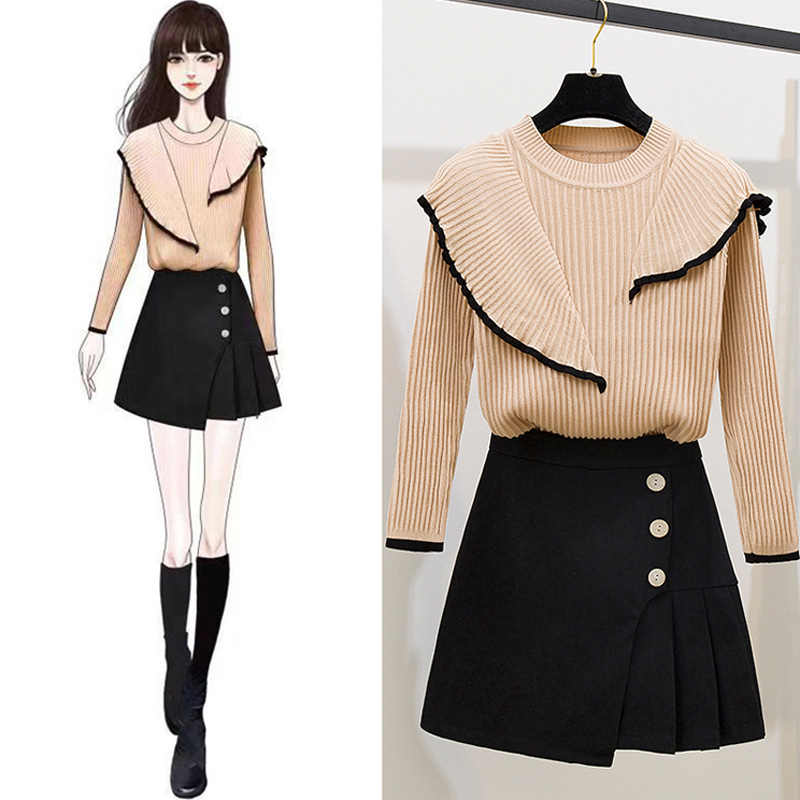 

Autumn Women Casual Sweater Suit Solid Color Two Piece O Neck Long Sleeve Ruffles Knit Pullover + Mini Skirt Matching Set Outfit