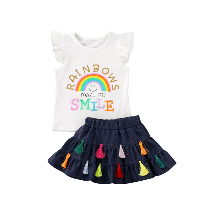 

1-5Y Infant Baby Girls Clothes Sets 2pcs Letter Rainbow Print Ruffles Sleeve T Shirts Tops+Denim Tassel A-Line Skirts, As pic
