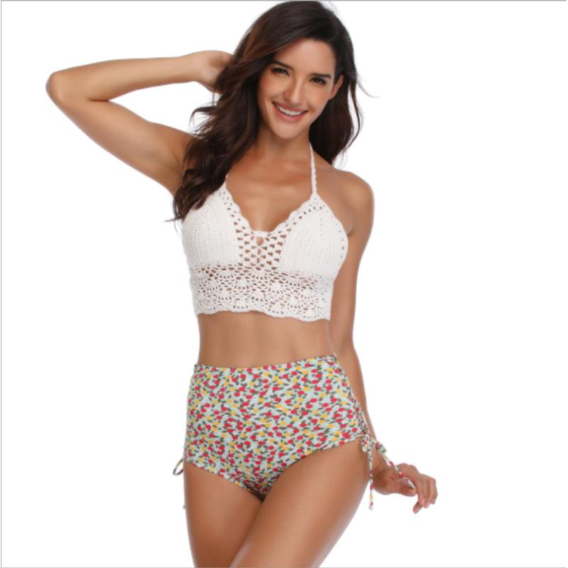 

2020 New White knit Tether Bikini Female Summer Fashion High Waist Printed Split Bikini Beach Slim Wading