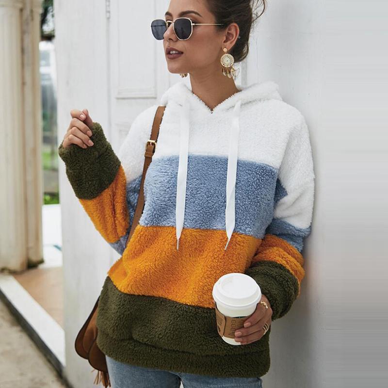 

Genuo Women Hoodies Sweatshirt Striped Patchwork Ladies Long Sleeve Pullover Plush Top Autumn Winter Female Warm Clothing 2020, Patchwork 01