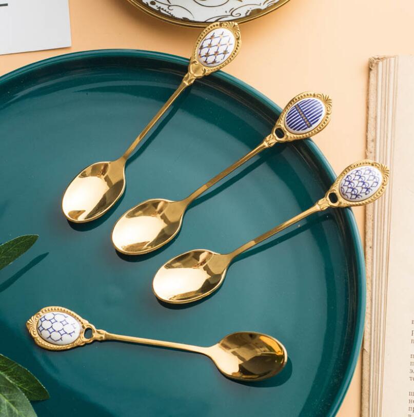 High-grade stainless steel coffee spoons creative golden stirring green ceramic spoon-image-548927251