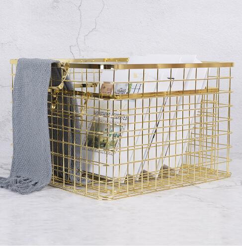 Nordic Wind Electroplated Gold Belt Storage Baskets Handheld Metal Iron Art Receiving Basket Dirty Clothes Household Suppl-image-475564968