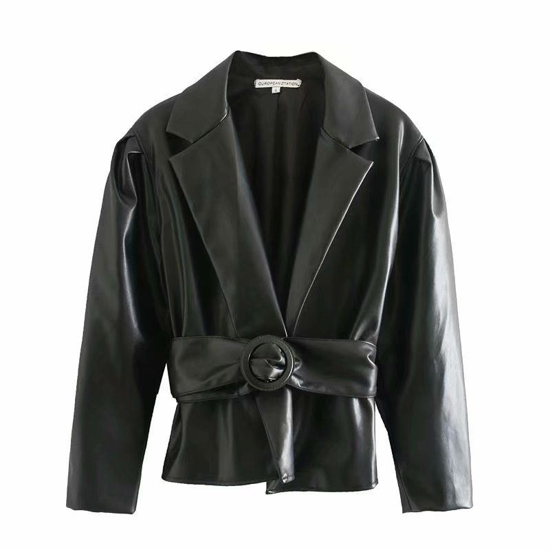 

Early Spring New Style fashion artificial leather suit with belt long sleeve Pu slim casual street style black suit Jacket