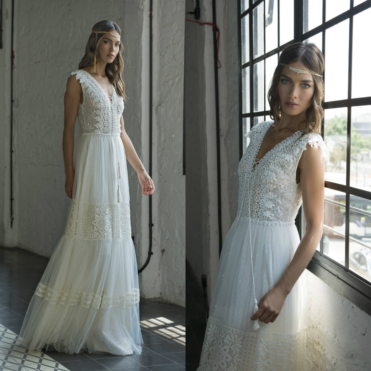 

2020 Boho Wedding Dress A Line Lace Deep V Neck Floor Length Beach Bridal Gowns Sleeveless Custom Made Bohemia Wedding Dresses, Custom made from color chart