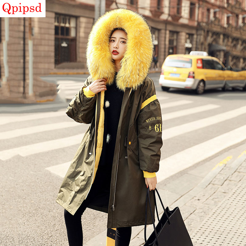 

90% White Duck Down Coats Women' Winter Raccoon Fur Collar Down Parka Ladies Thicken Warm Jacket Coat Womens Long Overcoat, Army green