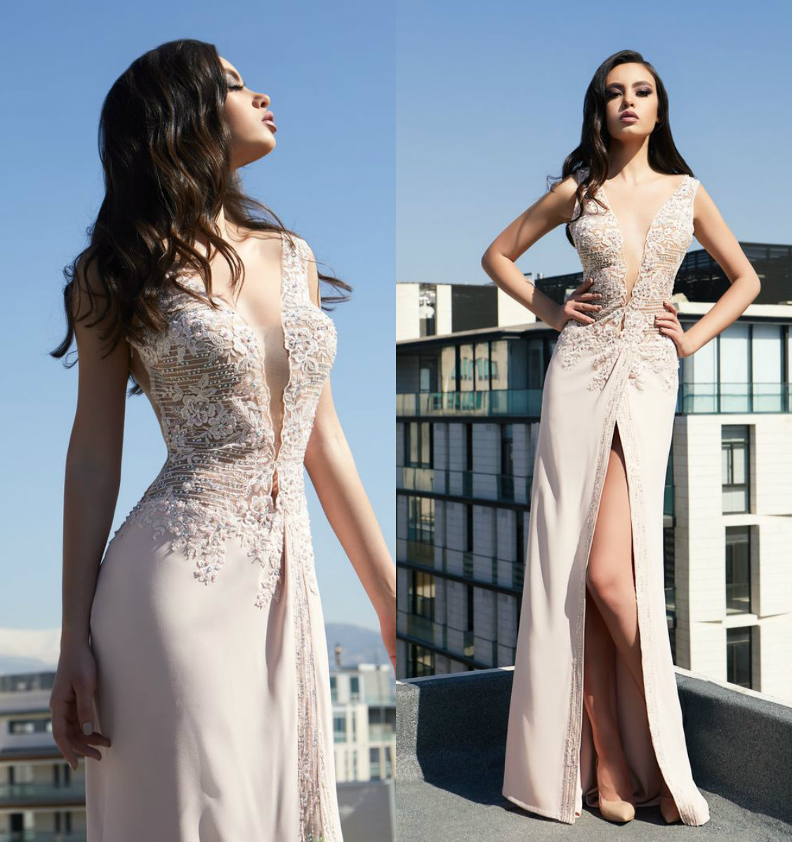 

Tony Chaaya Beaded Mermaid Prom Dresses 2019 Lace Appliqued Pearls Cheap Evening Dress Front Split Deep V Neck Formal Party Dress, Hunter