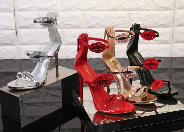 

With Box Women Pumps Sandals Crystal Red lips Stiletto 8 cm / 11 cm Shallow mouth Open Toes Zip Prom Party Shoes Summer, Height heel: 11 cm