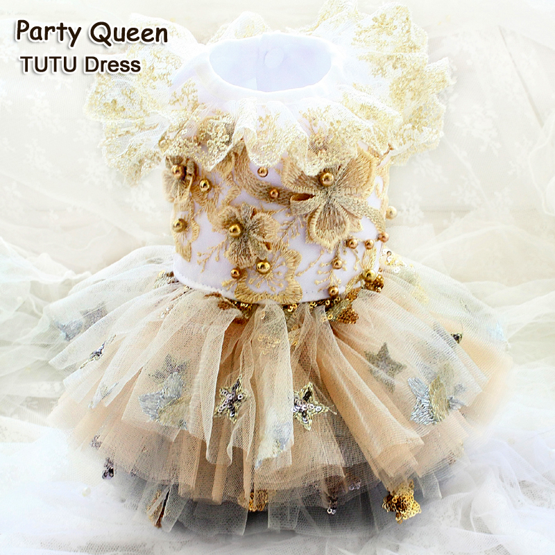 

Dog clothes cat dog dress pet tutu champagne hot stamping lace skirt Magical stars princess party take photos outing new arrival, Gold
