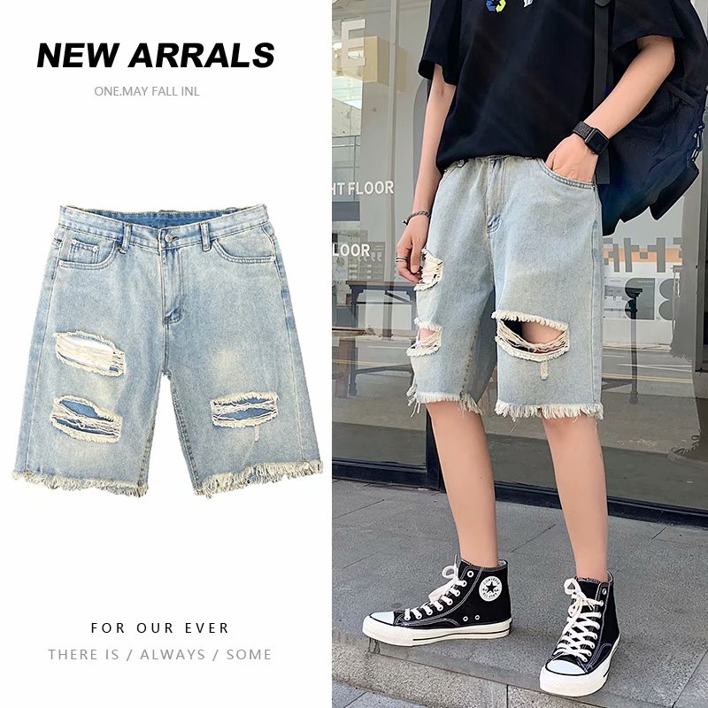

BXyichen summer new hole denim shorts Korean version of the trend loose loose five-point pants Hong Kong trendy brand pants, Tc676-blue