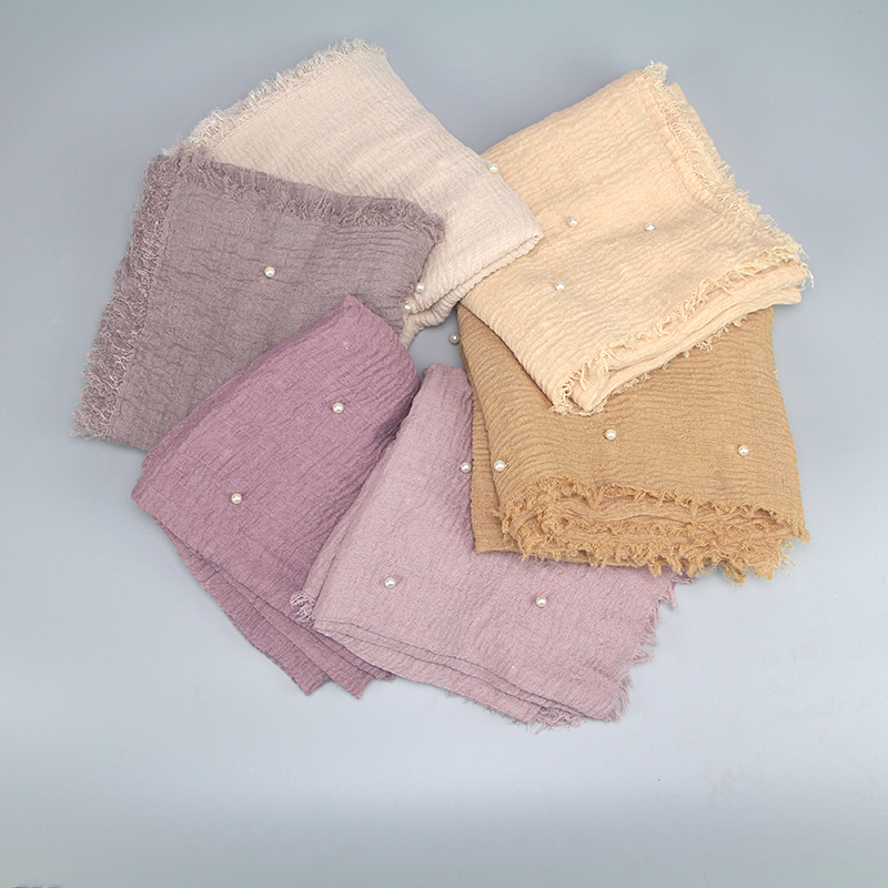 

180*95cm Brand Women Cotton Hijab Faux Pearl Beaded Crinkle Shawl Muslim Islamic Turban Solid Scarf Head Covering Wrap VKHJ1003
