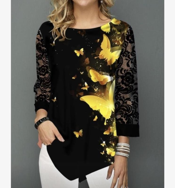 

Shirt Blouse Women Plus size 5XL Fashion New Spring Summer print Black Tops 3/4 Lace Sleeve Elasticity Female Shirt Casual, Style4