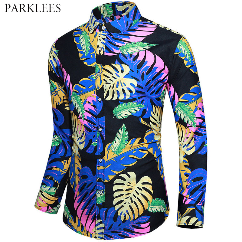 

Colorful Leaf Printed Mens Shirt Party Holiday Social Men Dress Shirts Casual Slim Fit Button Chemise Homme Streetwear Tops Male, As picture show