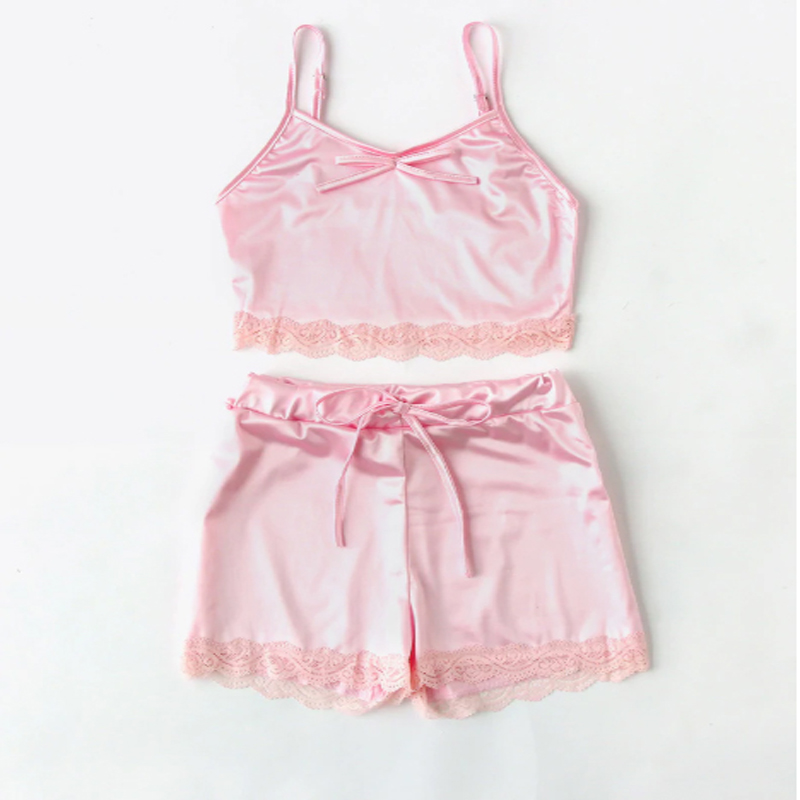

Women Pajamas Sets 2pcs Satin Side Lace Sleepwear Sexy Shorts Spaghetti Strap Top Fashion Nightwear  to XL