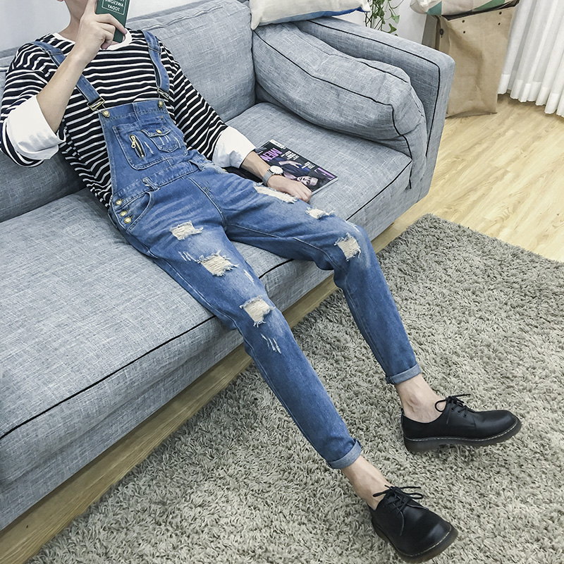

New 2017 men' clothing Broken hole Korean style slim feet young cowboy lovers SUSPENDERS PANTS costumes, Blue