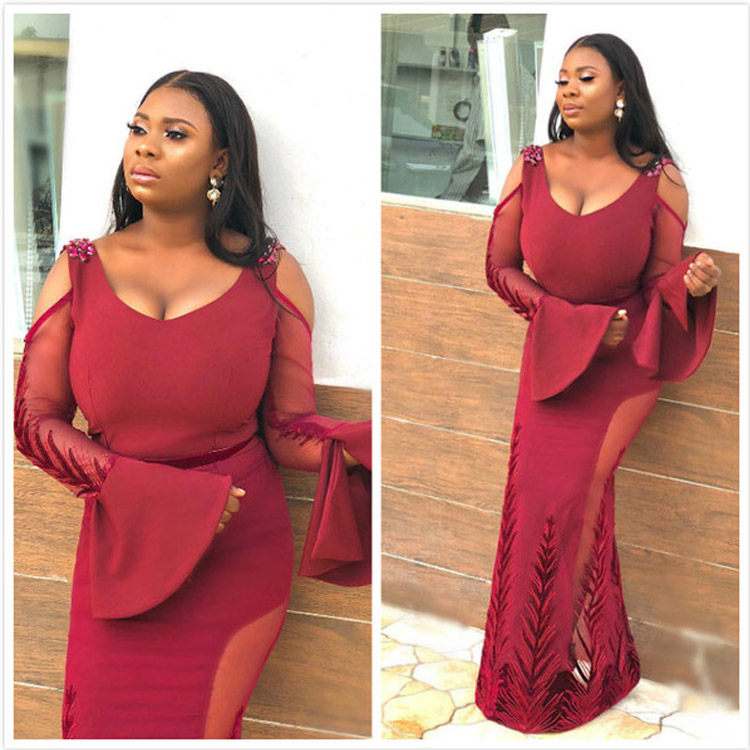 

Aso Ebi Red Prom Dresses Scoop Neck Long Sleeve Mermaid Celebrity Evening Dress Slim Floor Length Party Gowns, Champagne