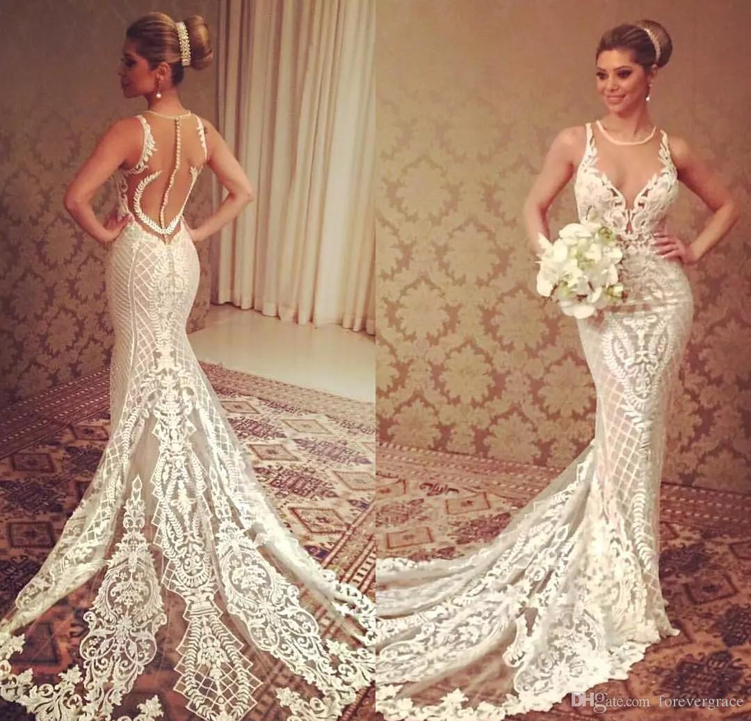 

2019 Romantic Cheap Wedding Dress Elegant Mermaid Lace Applique Long Sheer Jewel Neck Garden Bridal Gown Custom Made Plus Size, White