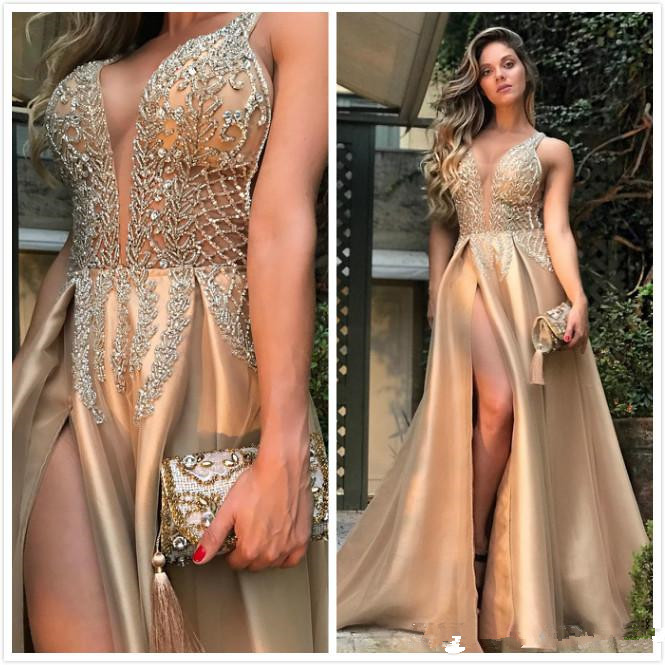 

2020 Arabic Aso Ebi Gold Luxurious Evening Dresses Beaded Crystals Prom Dresses High Split Formal Party Champagne Second Reception Gowns