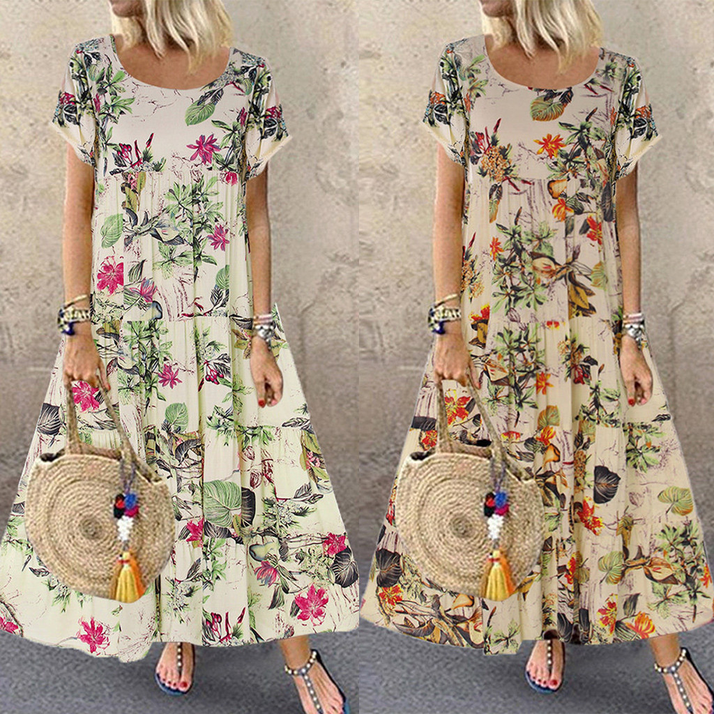 

Women Casual Elegant Fashion Summer New Fashion Womens Plus Size Casual Short Sleeve Boho Retro Linen Print Long Maxi Dress Wholesale, Red