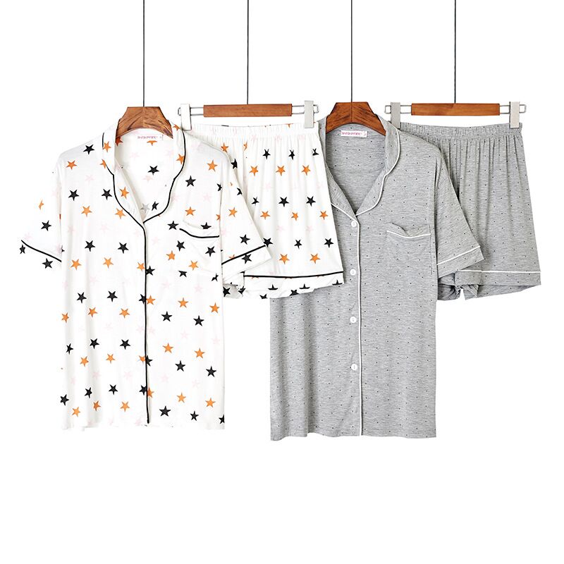 

Summer 2020 Loose Pajama Set Women Soft Modal Print 2 Pieces Set Short Sleeve Top + Shorts Elastic Waist Pyjamas Femme Sleepwear, White