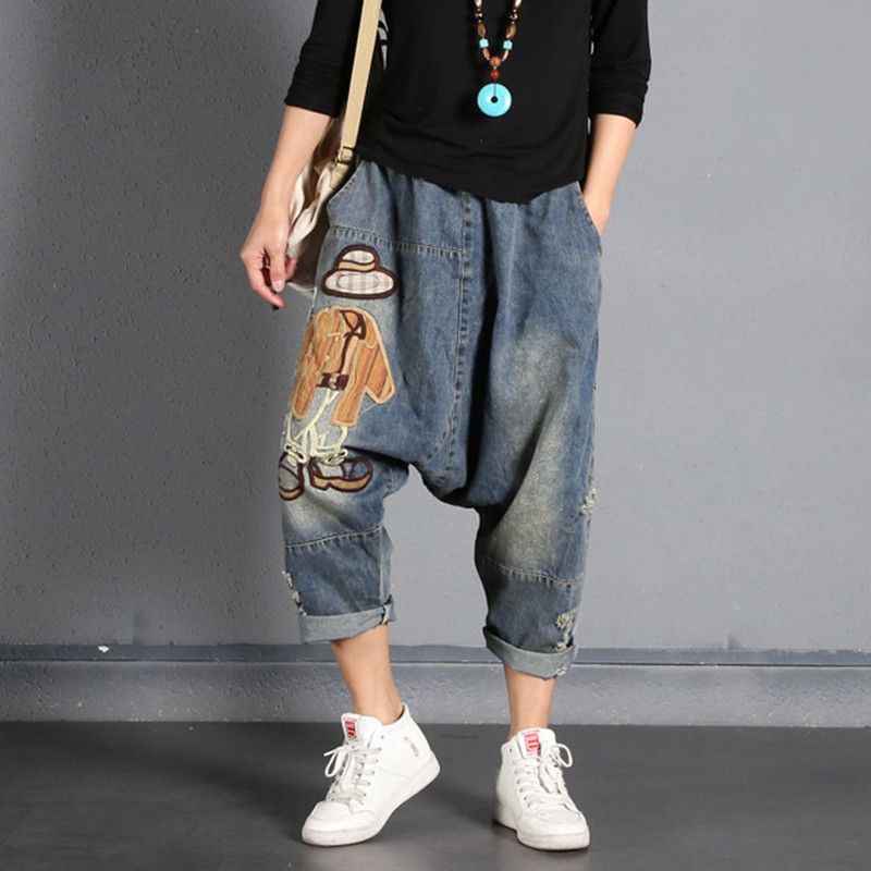 

Wide Leg Drop Crotch Denim pants Women Baggy hole jeans Plus size Cargo cowboy Harem Trousers Boyfriends embroidery Joggers 072, 01